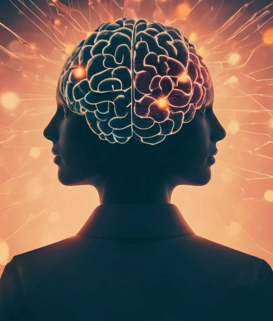 Artwork showing two profiles and a glowing brain